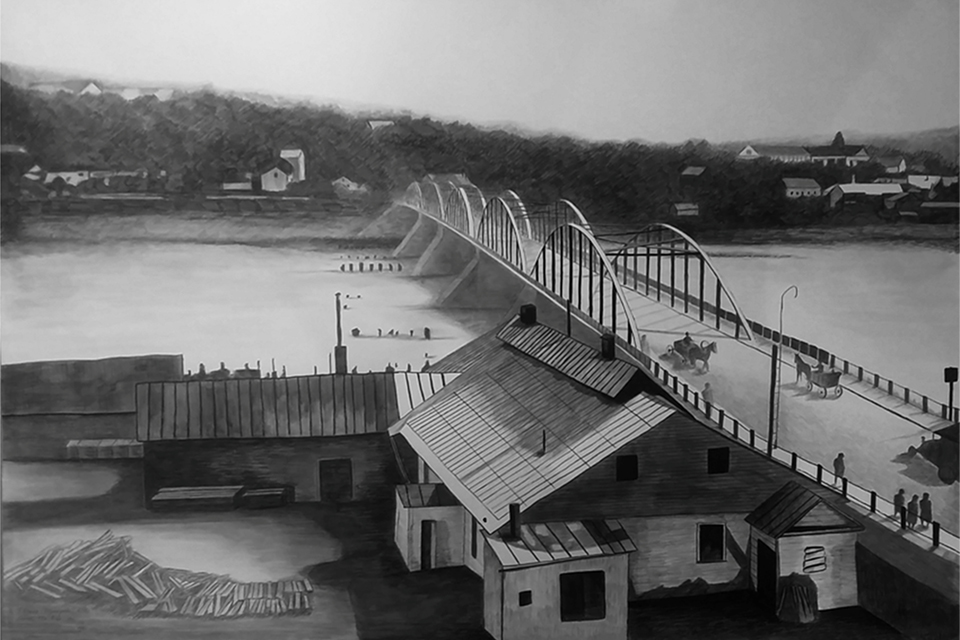 "P. Vileisis Bridge in Kaunas, the 1930s", ink on paper, 100x130 cm, 2020